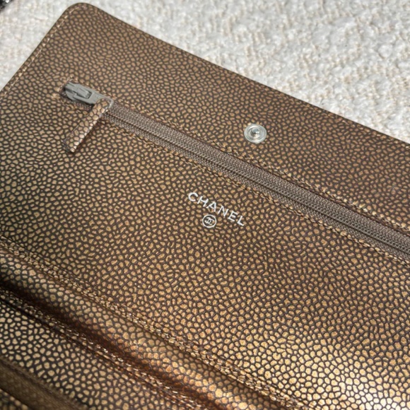 Authentic Chanel Gold Bronze Metallic Caviar Timeless Wallet on Chain Double CC - Picture 3 of 13